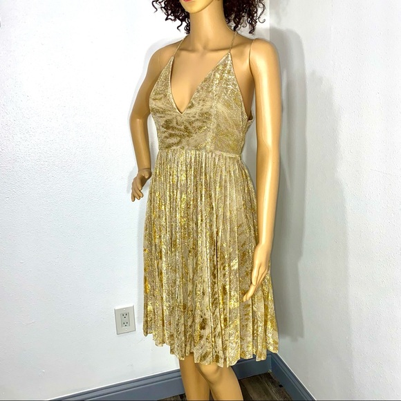 Sam Edelman Gold Metallic V-Neck pleated dress XS - Picture 3 of 15
